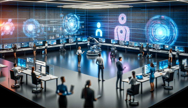 alt_text: A futuristic workspace blends human collaboration with AI, showcasing advanced technology and harmony.