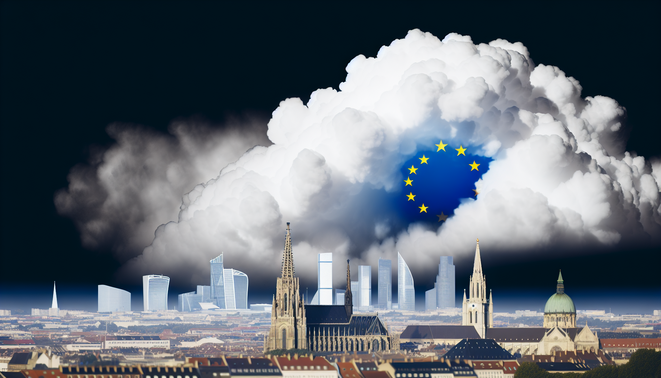 alt_text: "Turbulent cloud over European skyline symbolizes conflict between EU regulations and Microsoft Cloud services."