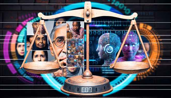 alt_text: A cover image symbolizing AI ethics with a balanced scale, human elements, and tech components.