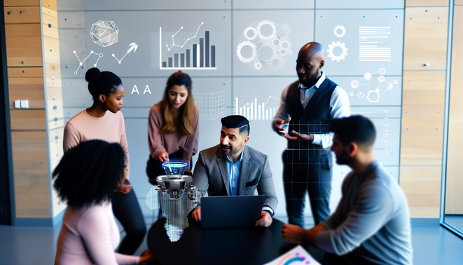 alt_text: A modern workspace with diverse professionals discussing AI tools on a laptop surrounded by graphs.