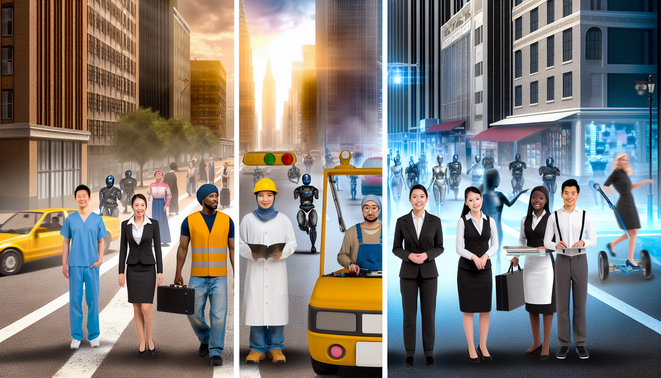 alt_text: A cover image contrasting traditional jobs in a city with a futuristic landscape of AI and robots.