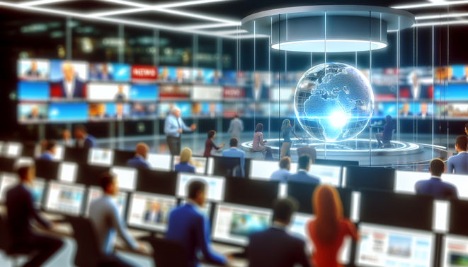 alt_text: A vibrant newsroom with journalists discussing AI news, digital screens, and a globe showcasing innovations.